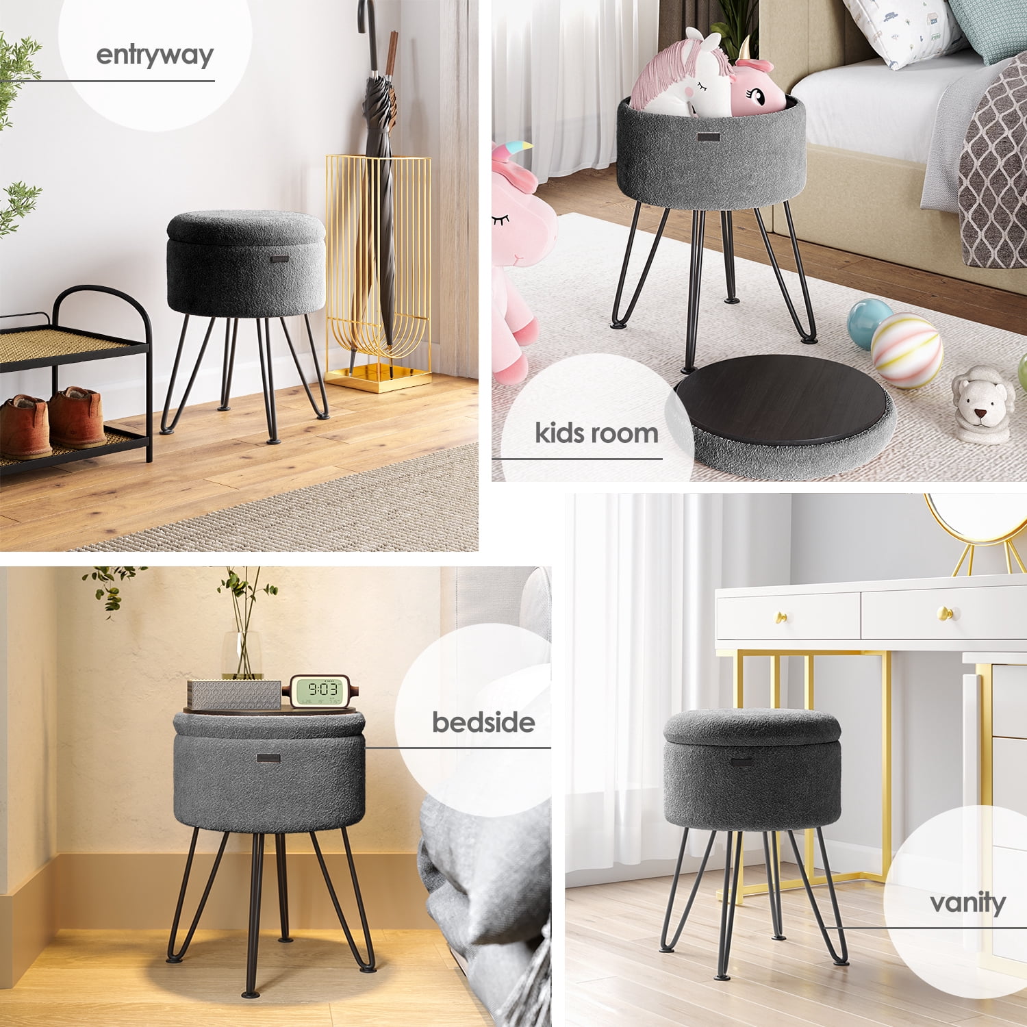 LammaLoe Small Round Ottoman with Storage, Boucle Ottoman Foot Stool with Lid, Upholstered Vanity Stool for Living Room & Bedroom, Grey