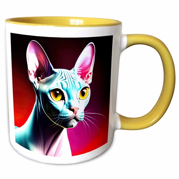 3drose, Stylish Sphynx Cat in Turquoise, Pink, Yellow, Red Colors Digital Art, 11oz Two-tone Yellow Mug