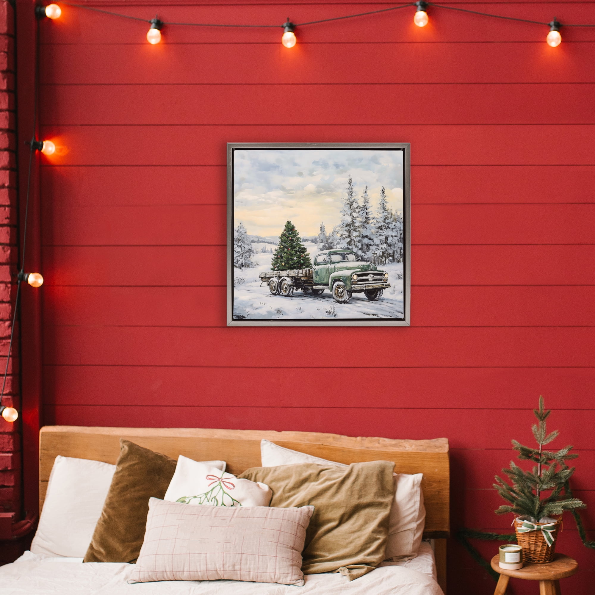 Green Christmas Tree Truck Gray Framed Floater Canvas Wall Art, design by Petal Prints Design