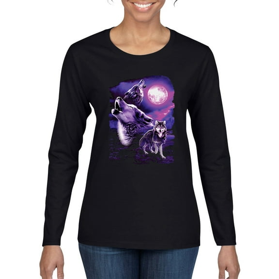 Fantasy Wolf Howling at The Full Moon Animal Lover Womens Graphic Long Sleeve T-Shirt, Black, Small