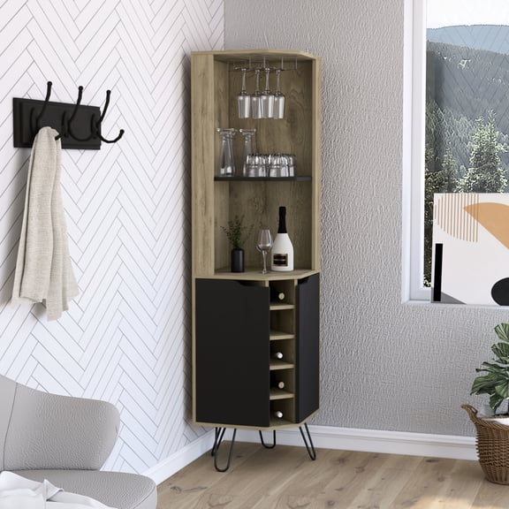 Corner Bar Cabinet In Black Dark Walnut With Six Built-in Wine Rack, Two Shelves, Four Shelves Door For Dining Room - 2 4 Door. /black. Ideal Decor