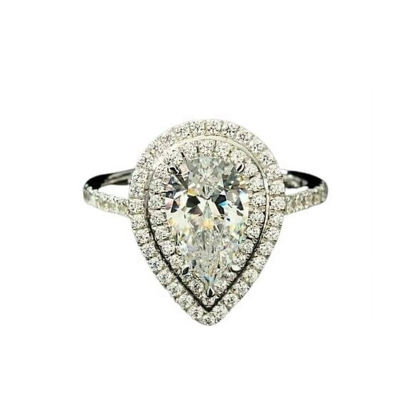 HeartsAndYou 2ct Pear Cut Moissanite Double Halo Engagement Ring for Women 18k White Gold over Silver