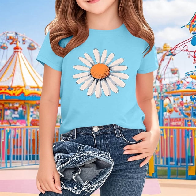RKSTN Chemises Filles Mignon Imprimé Marguerite Mode Manches Courtes Couleur Unie Col Rond Décontracté Respirant Confortable Printemps Été Vêtement d'Extérieur Chandail Couche de Base T-Shirt pour 2-12 Ans Unisexe