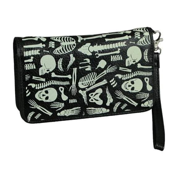 Things2Die4 Glow in the Dark Skeleton Print Black Vinyl Wallet With Removable Wrist Strap