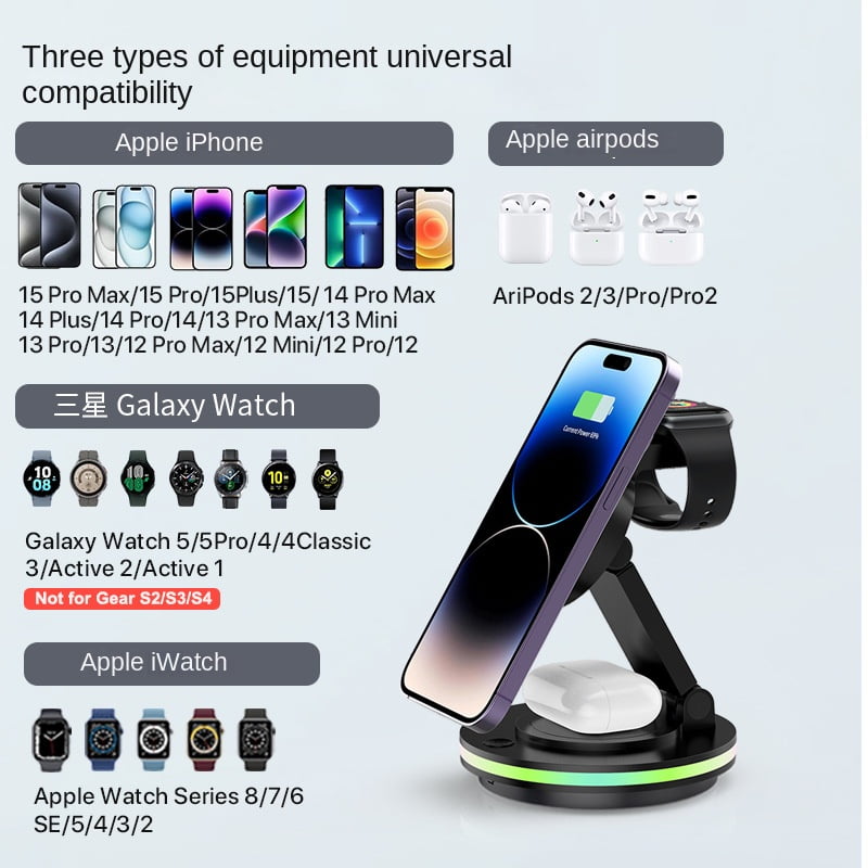 Magnetic three in one wireless fast charging dock, suitable for wireless charging of mobile phones, watches, and headphones, suitable for iPhone 15 14 13 12 11 Pro Max and Apple Watch iwacth AirPods