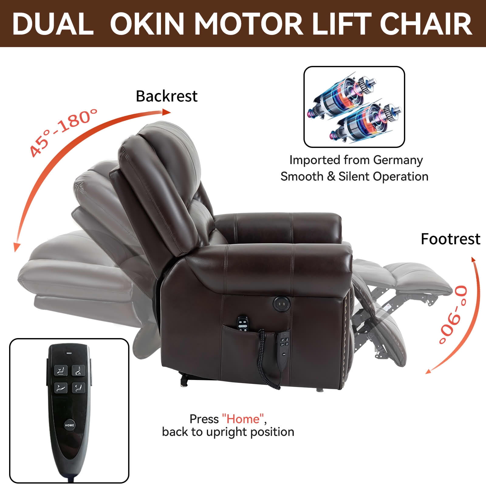 MAYEERTY Antique Brown Faux Leather Dual Motor Power Lift Recliner, 350lbs Massage Heat USB Ports 40"x38"x41" for Elderly