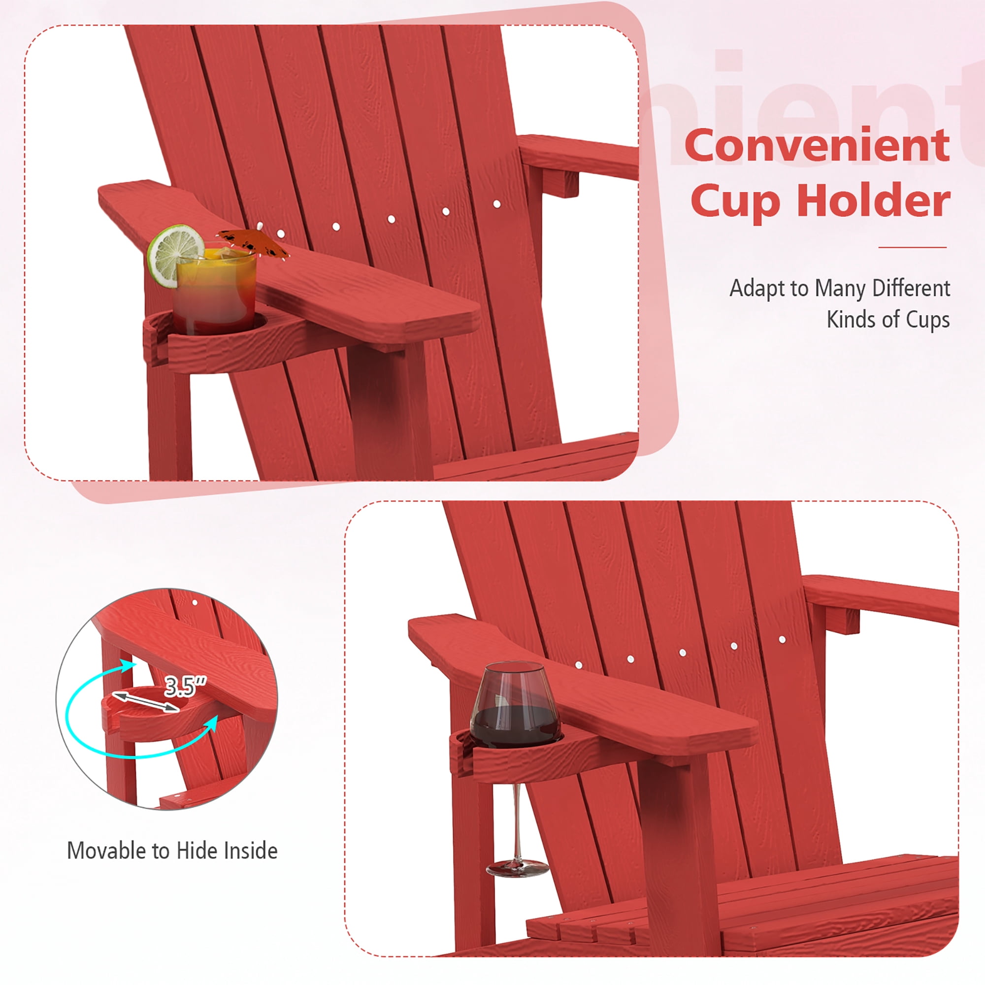 Gymax Patio HIPS Outdoor Weather Resistant Slatted Chair Adirondack Chair w/ Cup Holder Red