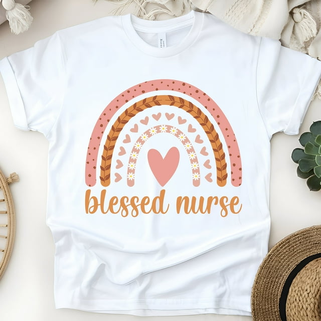 Blessed Nurse Graphic T-Shirt with Rainbow and Heart Design, White, Size M