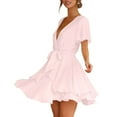 thumbnail image 6 of gakvbuo Summer Dress For Womens Casual Twist Front V Neck Dress Long Sleeve Waist Tie Ruffle Swing Mini Dresses Tiered Layer A-Line Short Dress, 6 of 9
