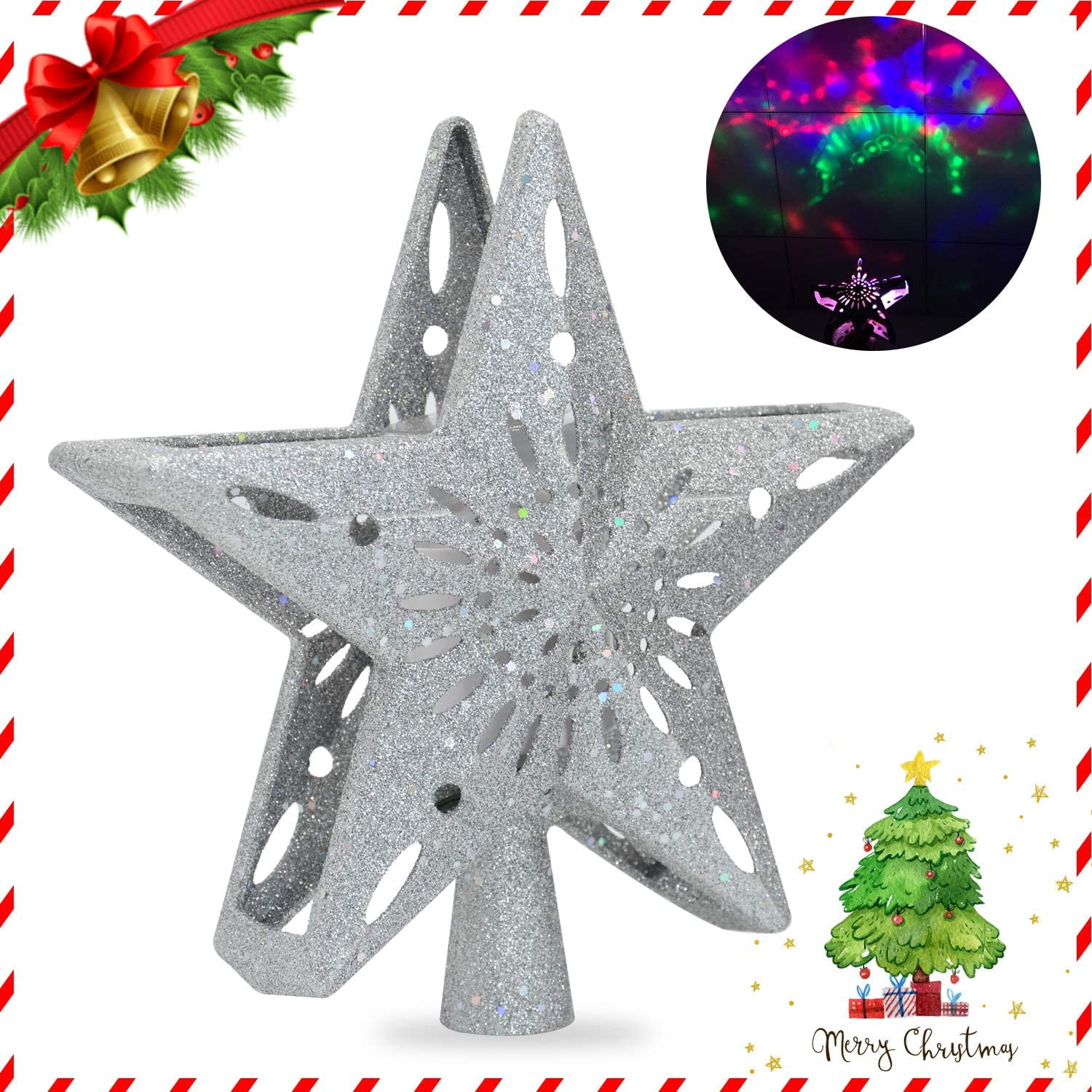 Star Christmas Tree Topper with Builtin Rotating Magic Ball LED