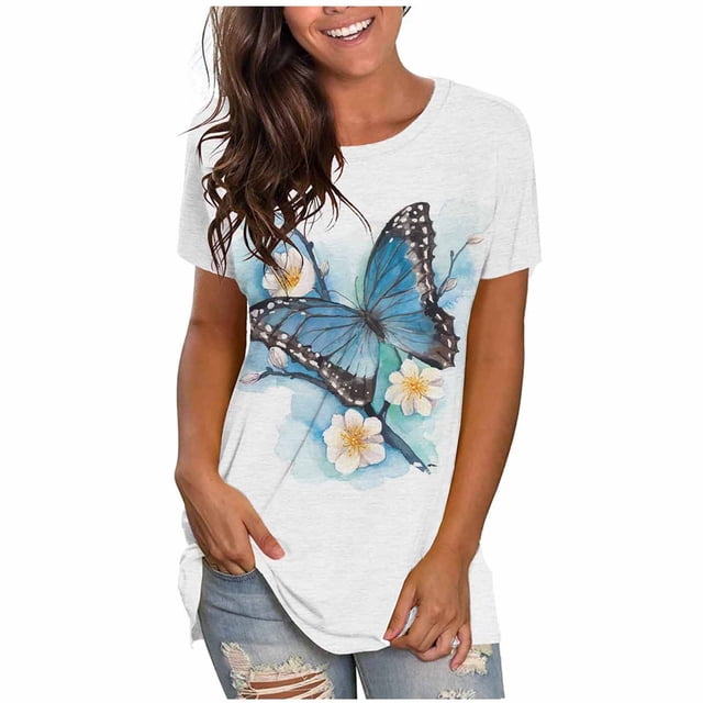 Blusa de manga corta con estampado digital de mariposa y cuello redondo informal para mujer Pompotops hkajfhjk461350