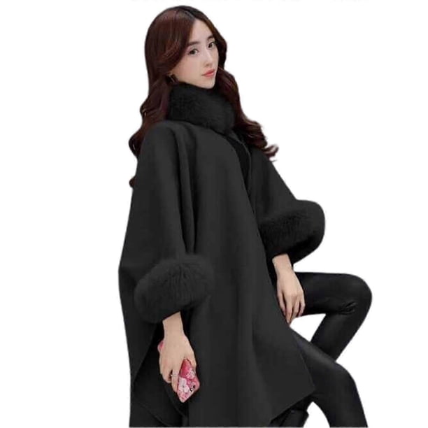 2026 Women Cape Coat Solid Color Faux Fur Collar Autumn Winter Warm Loose-fitting Mid-length Poncho Coat
