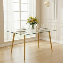 51" Rectangular Glass Dining Table for 4 Persons with Clear Tempered Glass Top & Plated Metal Legs, Modern Kitchen Table for Dining Room, Home Office, Meeting