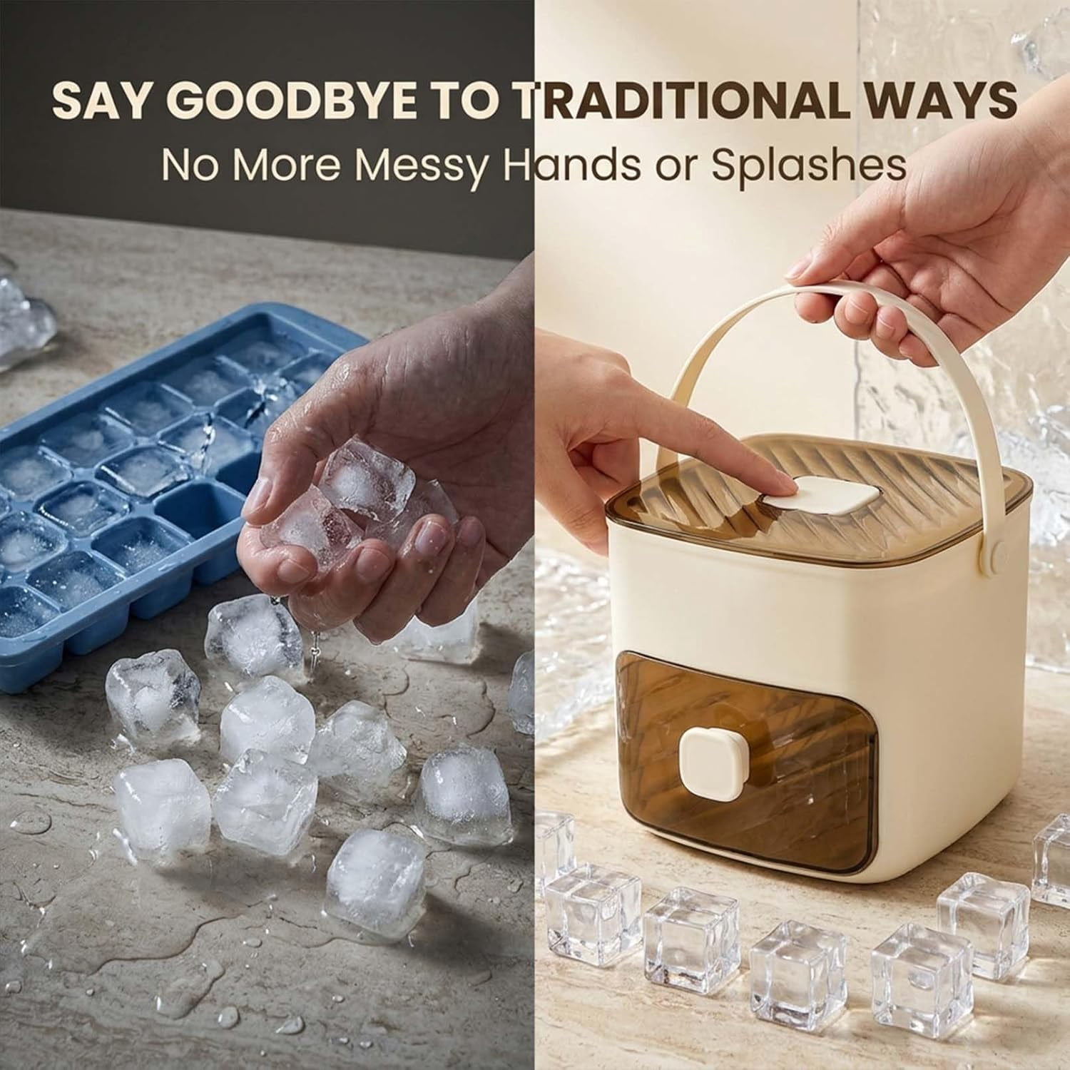 Ice Cube Tray with Lid and Bin, 48-Cube Press Ice Maker with Storage Box, Double Layer Handled, Easy Release Ice Tray with Drawer and Ice Tongs for Freezer, Whiskey, Cocktail, Beer, Coffee (White)