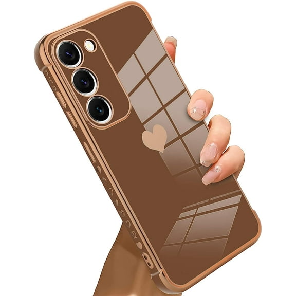 for Samsung Galaxy S23 Plus 5G Case Heart Plating Electroplate Luxury Elegant Case Camera Protector Soft TPU Shockproof Protective Corner Back Cover Galaxy S23 Plus 5G Case -Brown