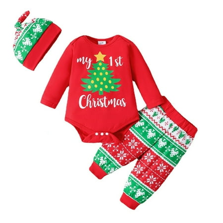 

AIMAOMI Xmas Infant Newborn Baby Boys Letter Long Sleeve Romper Tops Cartoon Pants With Hat Christmas Outfit Set 3PCS H