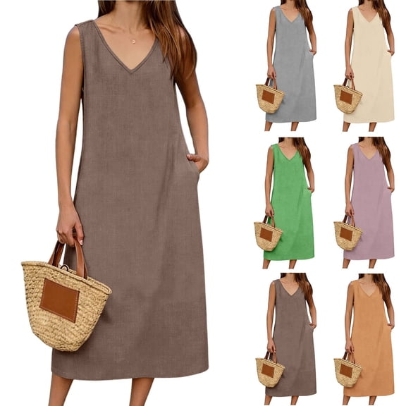 CHGBMOK Women Tank Dresses V Neck Sleeveless A-line Dress Solid Linen Loose Casual Maxi Dress with Pockets
