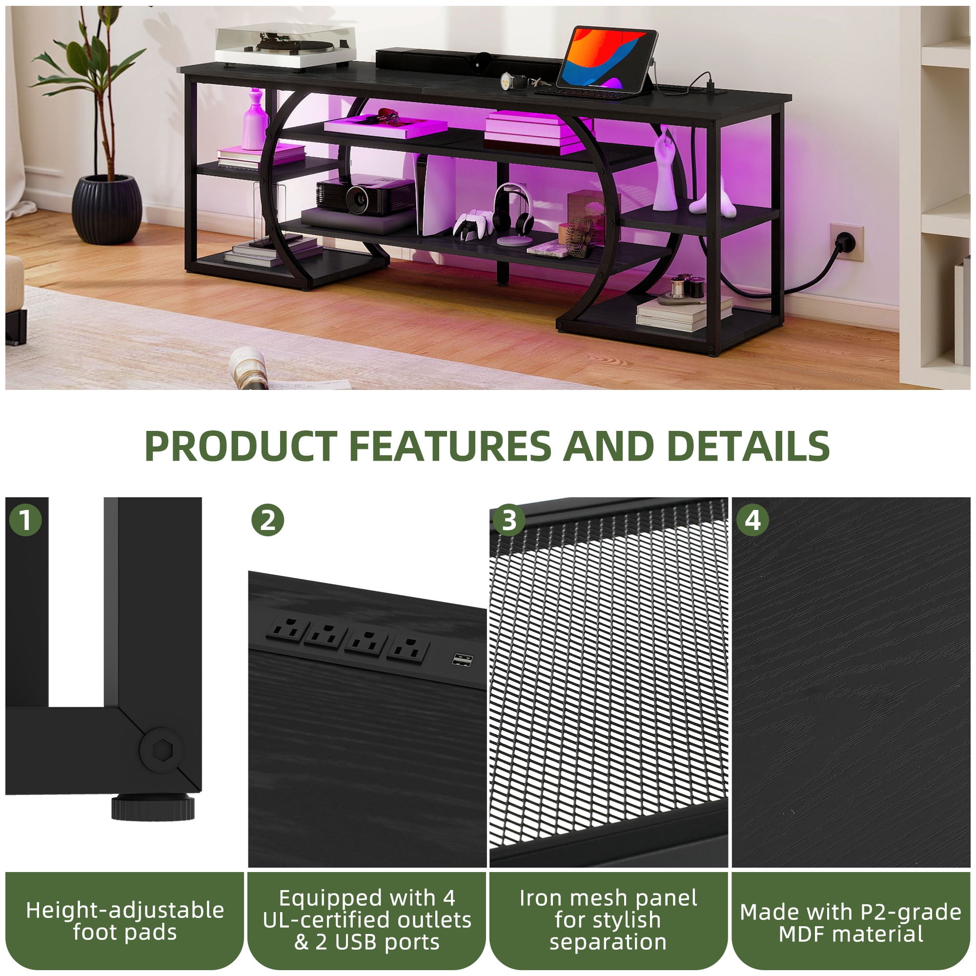 Uforic TV Stand for Up to 70-Inch TVs, Modern Black Entertainment Center with Power Outlets & RGB LED Lights, Media Console Cabinet with Storage for Living Room