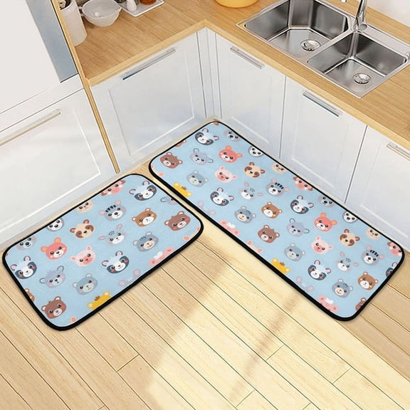 Dailycode 2 Pcs Kitchen Rug Set Non Slip Absorbent Soft Floor Mats for Kitchen Bathroom Cartoon Happy Animal Face 19.7"x27.6" 19.7"x47.2"