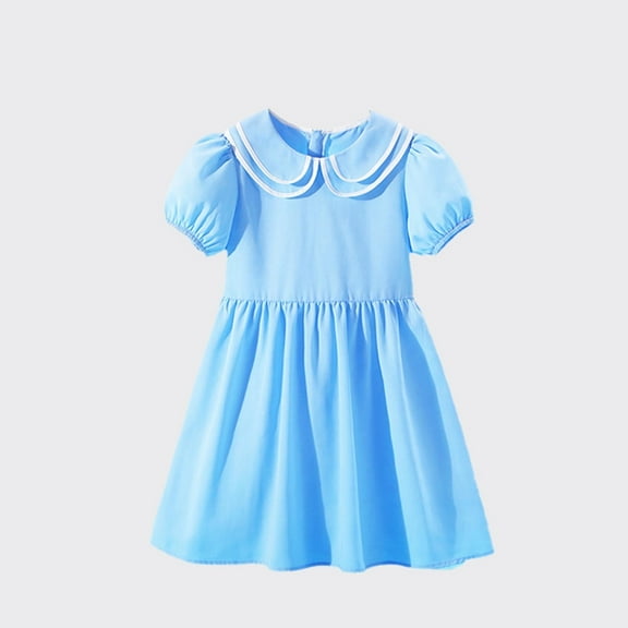 Big Girls Dresses Size 3-14 Teens Kids Cute Short Puffed Sleeve Doll-Collar Solid Color A-line Going-Out Dress 2025