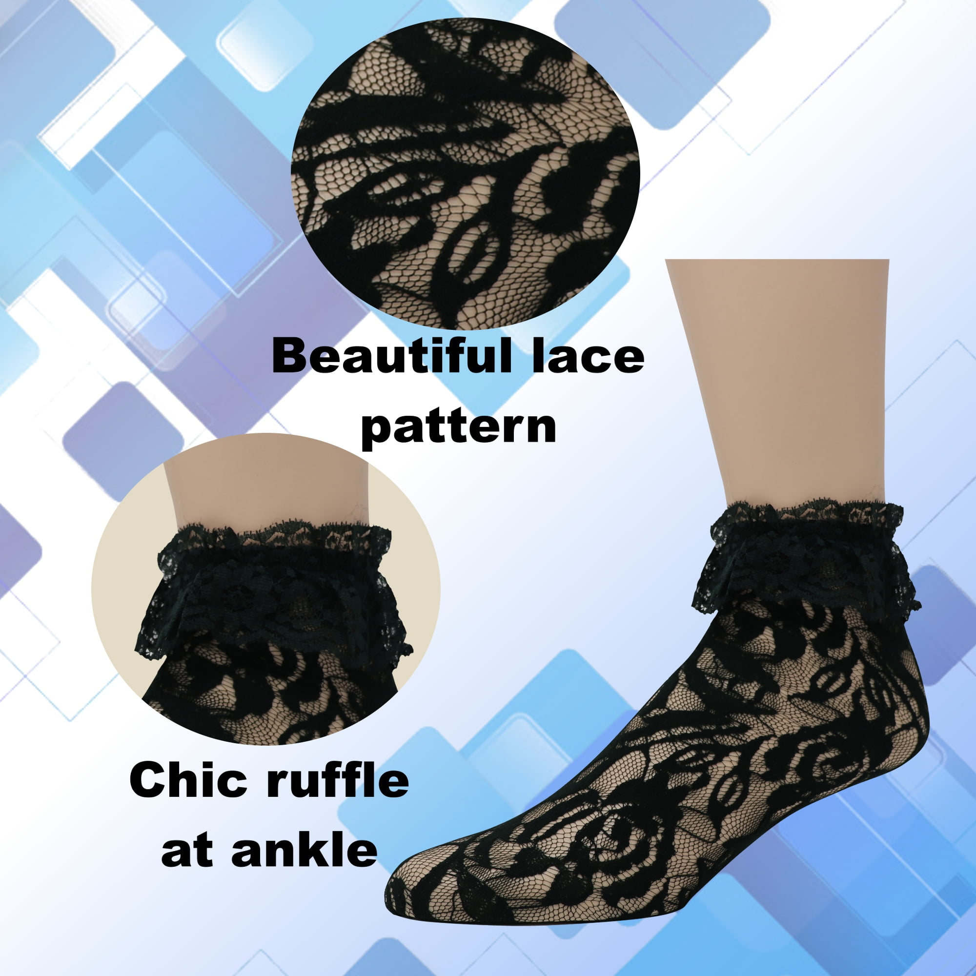 EMEM Apparel Women's Ladies Lace Anklet Ankle Quarter Socks Stockings with Ruffle Black 9-11