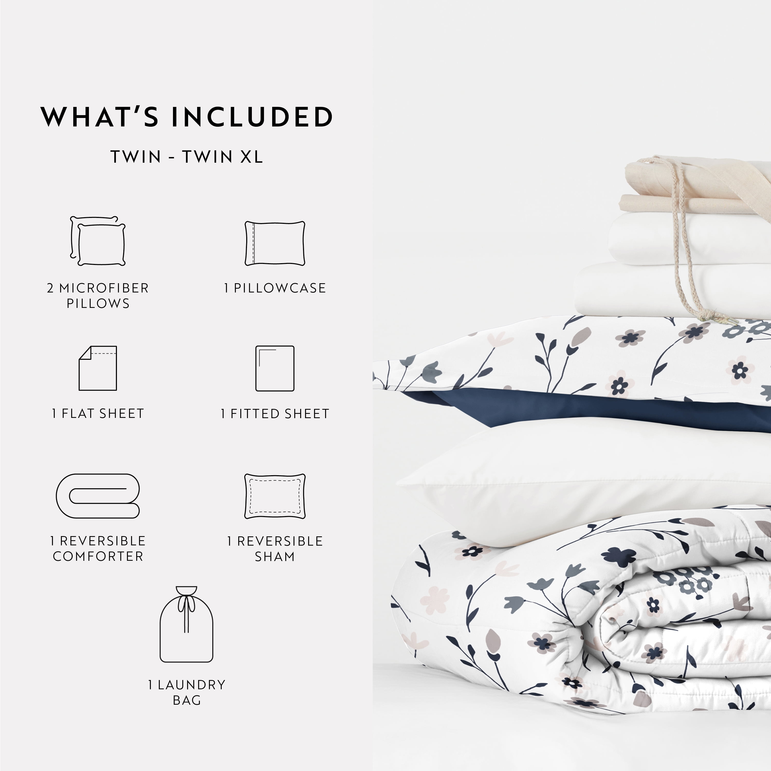 Noble Linens 8 Piece Dorm Bedding Bundle, Comforter & Sheet Set, Pillows, Laundry Bag
