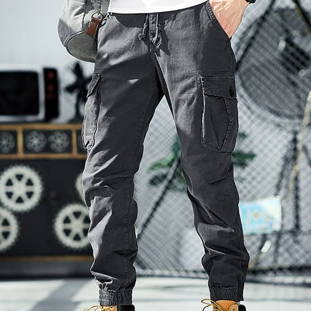 Puntoco Pantalones casuales de longitud completa para hombre, pantalones casuales de moda para hombre, múltiples bolsillos, botones, cremallera, cintura elástica, pantalones largos