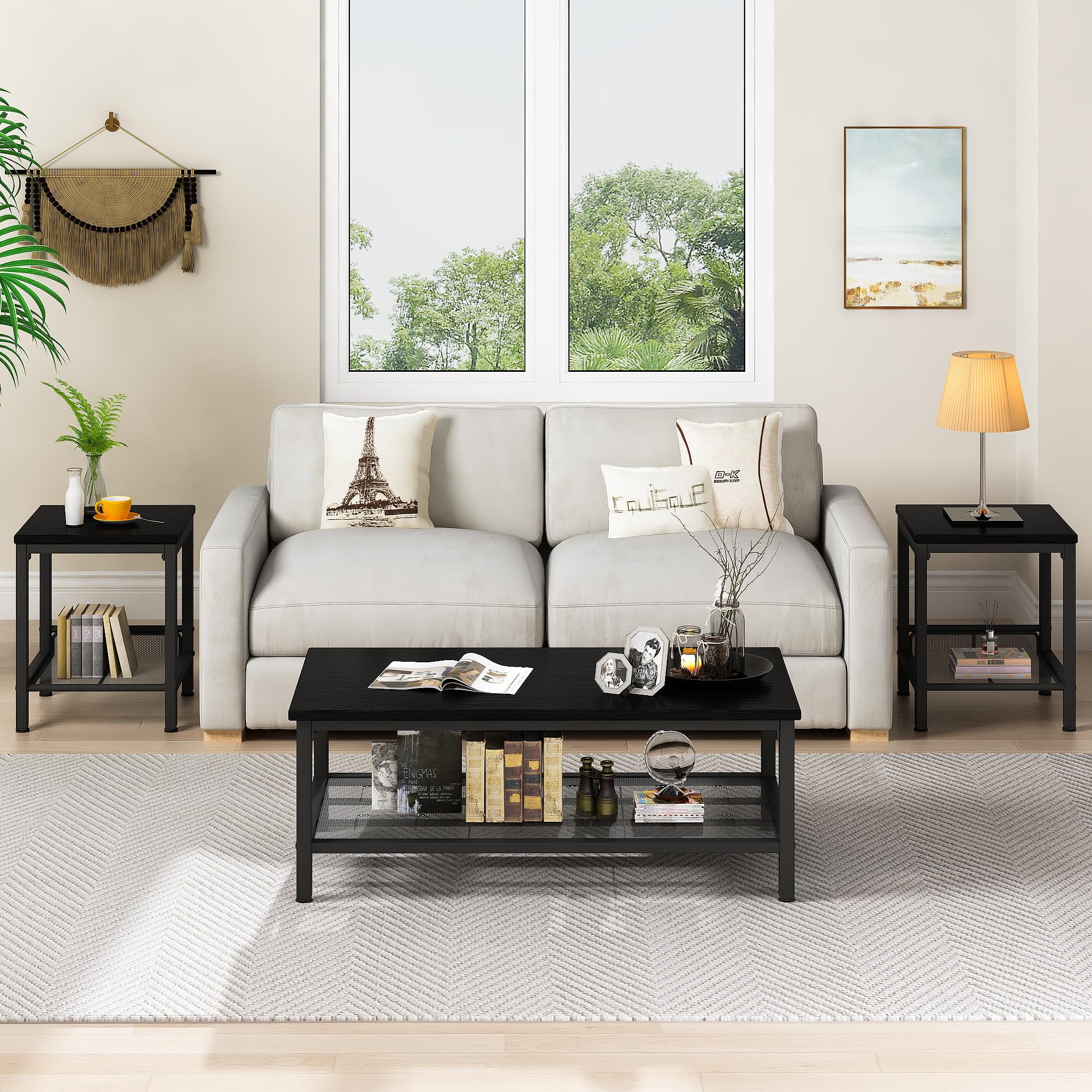Cvortll Coffee Table Sets 3-Pieces, Modern Wood Coffee Table with 2 Square End Side Tables, Large Sturdy Living Room Table Set for Apartment Home Office, Black