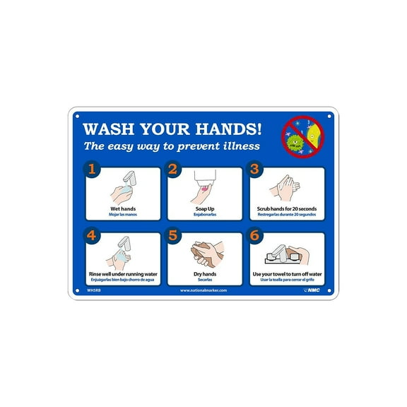 National Marker Wall Sign "Wash Your Hands! " Plastic 10" x 14" Blue/White (WH5RB)