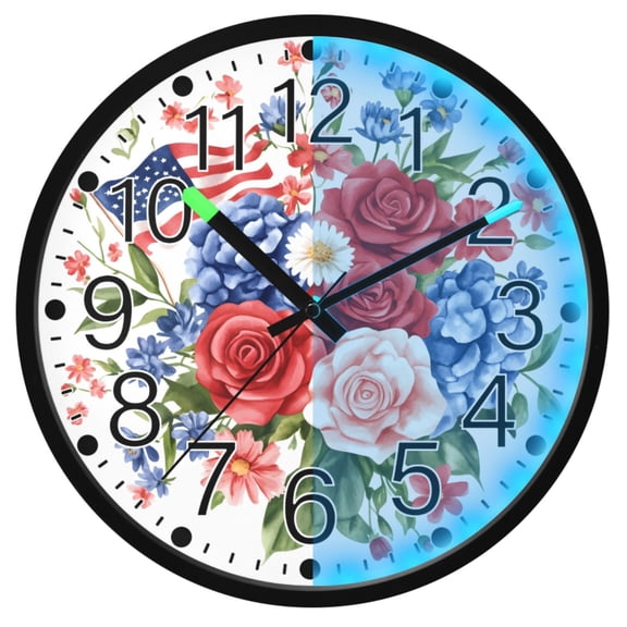 Ryvnso Flowers America Flag 12 Inch Night Light Wall Clock Silent Battery Operated Luminous Clocks