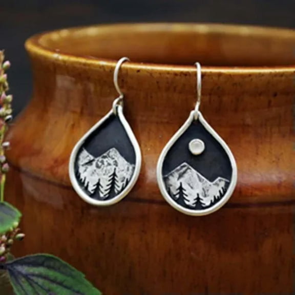 HOOUN Women Vintage Style Carved Forest Moon Dangle Earrings Silver Plated Jewelry-10# Forest moon mountain