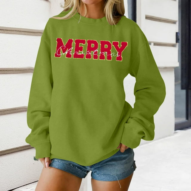Chandails d'Automne pour Femmes Chic Joyeux Noël Chandails pour Femmes Joyeux et Chandail à Lettres Imprimées Chandails à Enfiler Hauts Décontractés Chandails à Col Rond