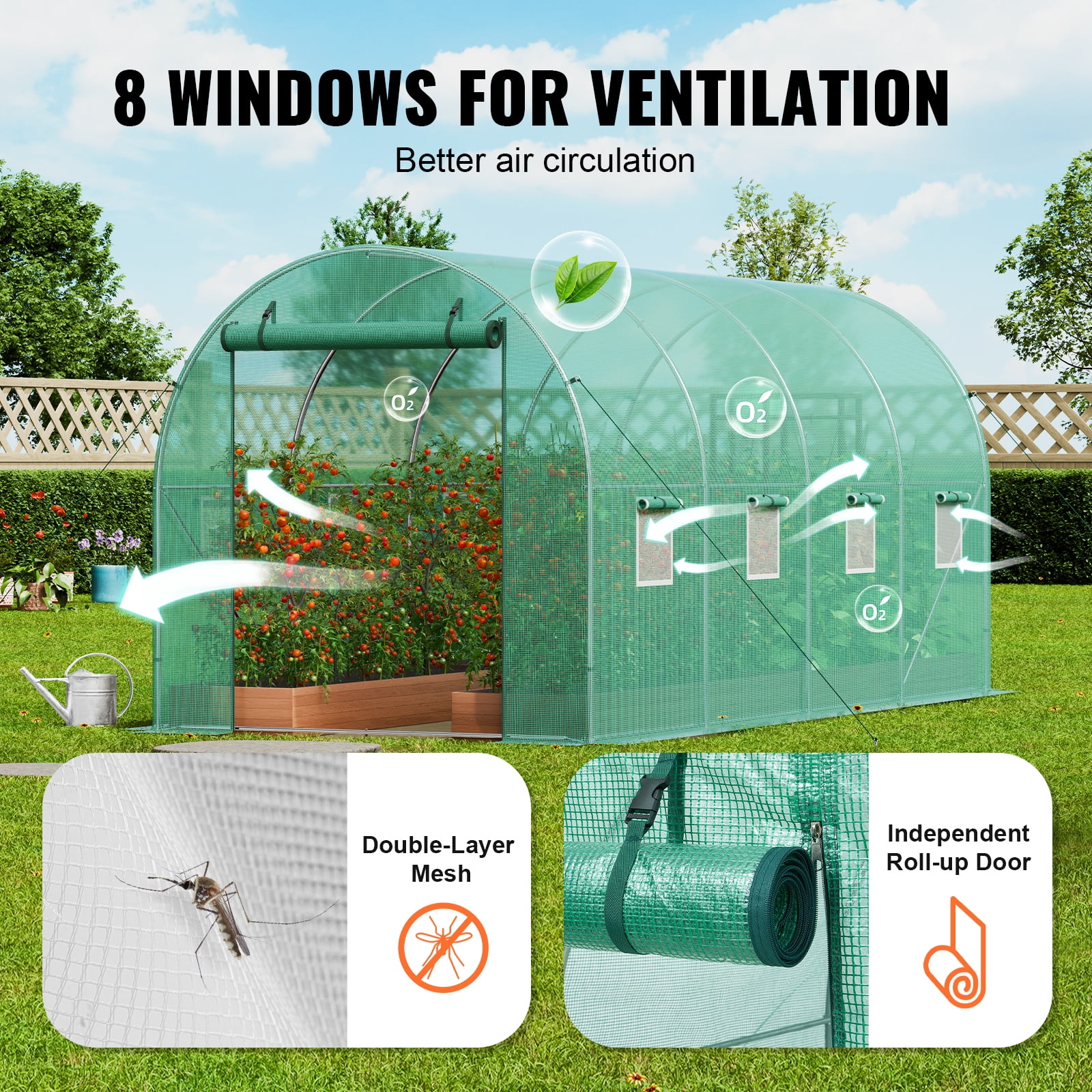 KFFKFF Walk-in Tunnel Greenhouse, 15x7x7 ft, Featuring a Durable Galvanized Steel Frame and Green PE Covering, Equipped with a Roll-up Zipper Door and 8 Ventilation Windows
