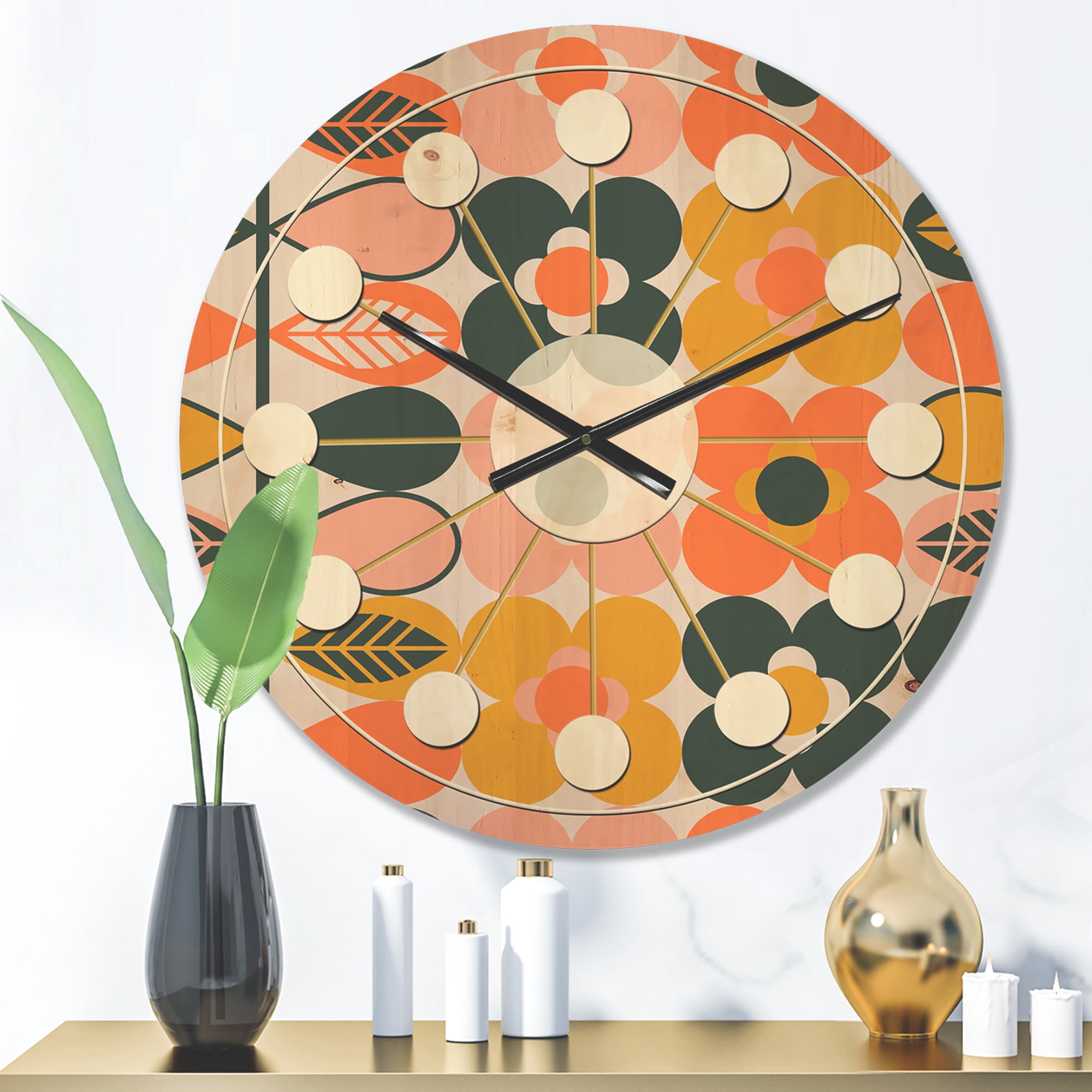 Designart 'Botanical Retro Pattern Design II' Mid-Century Modern Wood Wall Clock