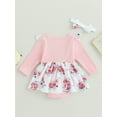 thumbnail image 3 of Infant Girl Rompers Dress Long Sleeve Rib Knit Floral Print Skirt Hem Jumpsuits with Headband, 3 of 7