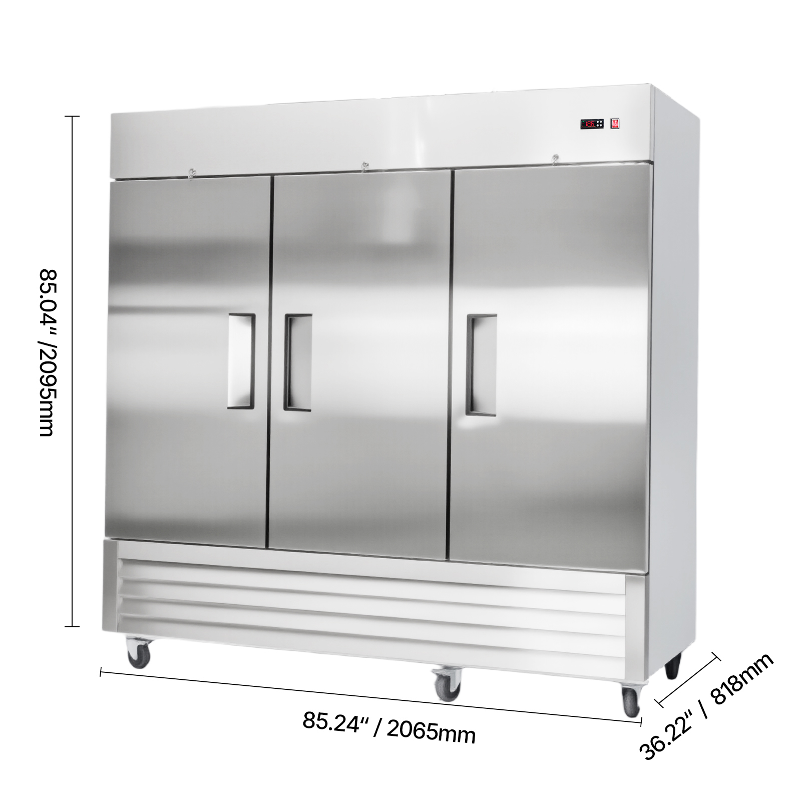 KFFKFF Commercial Stainless Steel Refrigerator, 85" Wide, 69 Cu.Ft Capacity, Three-Door Upright Design with Auto-Defrost, 12 Adjustable Shelves, Temperature Range 32-50℉, ETL Certified