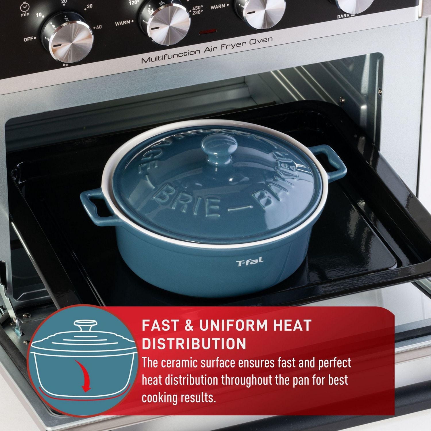 T-Fal Ceramic Brie Baker with lid and handles, 7-in/18cm, blue, 7-in/18cm