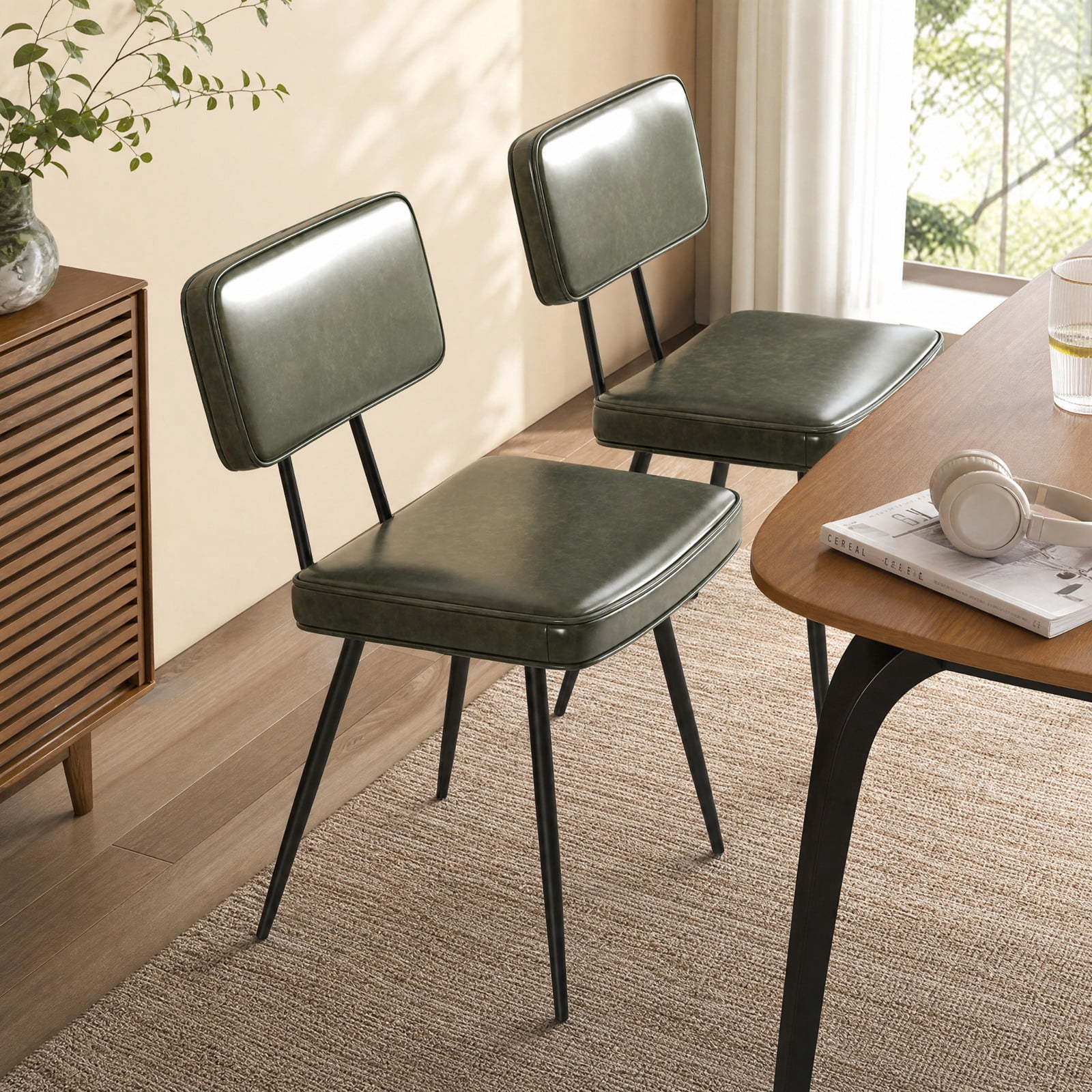 Furnibear Leather Dining Chairs Set of 2 with Padded Backrest and Tapered Metal Legs for Kitchen Dining Room, Dark Green