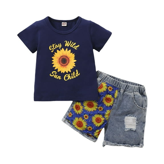 Dooleck Toddler Baby Girl Denim Outfit Stay Wild Shirt Tops Sunflower Shorts Clothes