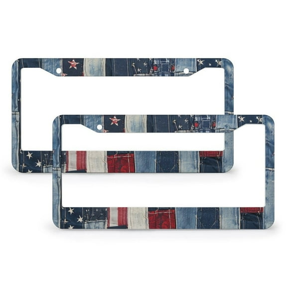 License Plate Frames Americana Stars And Plaid Patchwork Customized Decor Car Tag 2 Pcs Set Memorial Day Patriotic Stainless Aluminum License Plate Frame for Women Men Auto Decoration Hardware