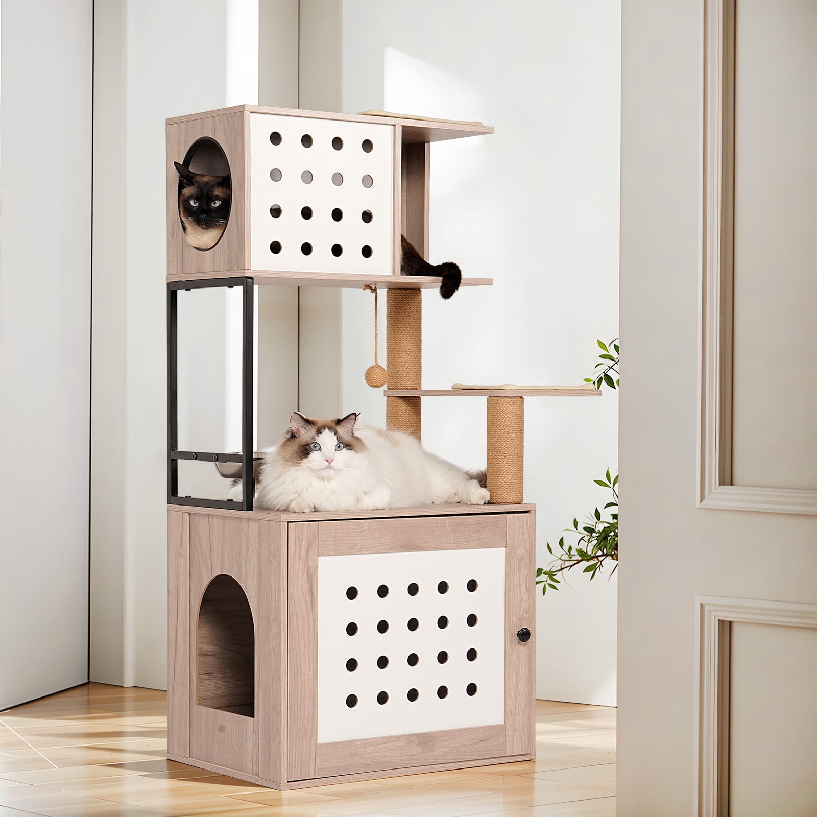 All-in-One Cat Tree with Litter Box Enclosure, Modern Indoor Cat Tower with Large Hammock, Cat Bed, Food Station and 70mm Sisal Scratching Posts