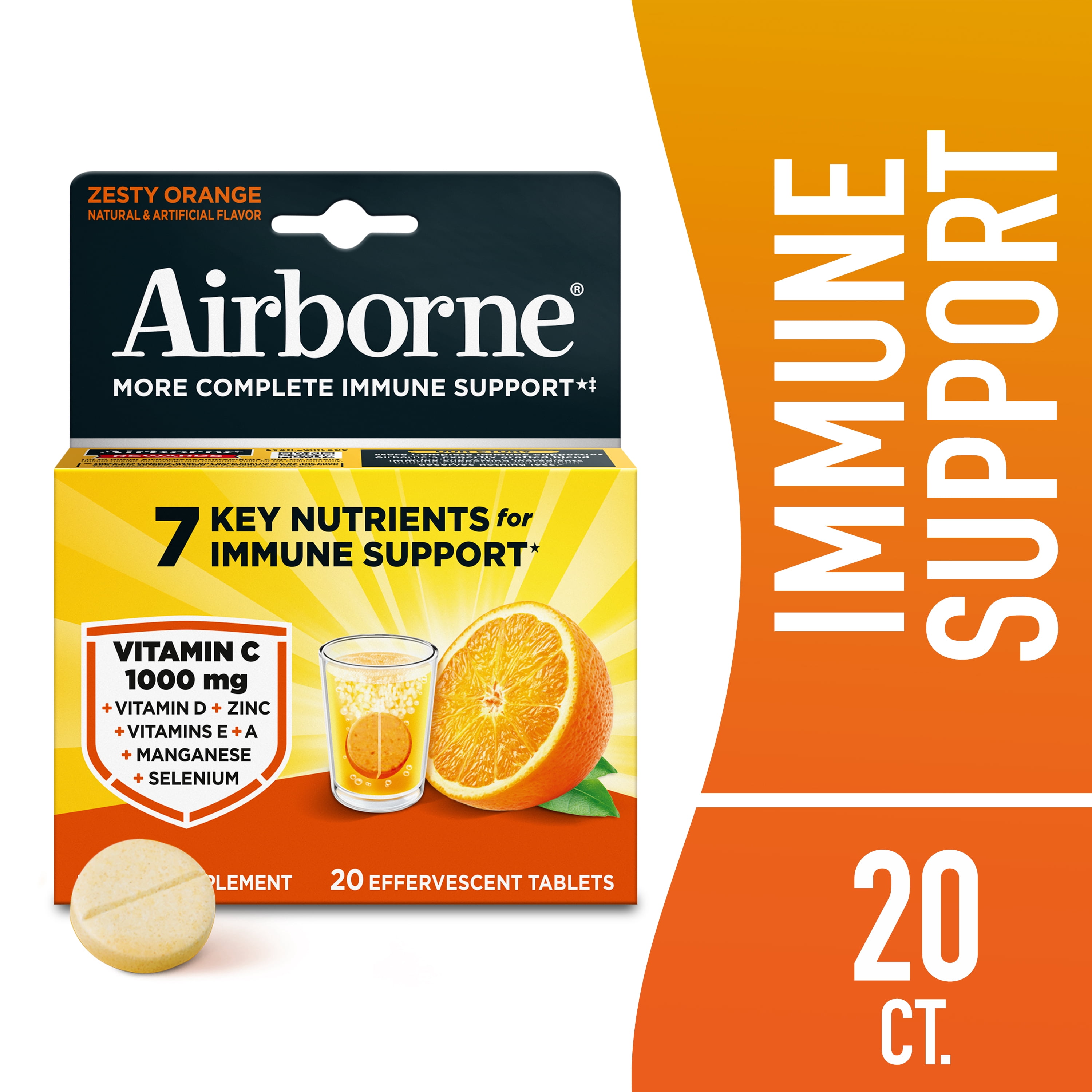 (2 pack) Airborne 1000mg Vitamin C Immune Support Effervescent Tablets, Multivitamin Supplement, Zesty Orange Flavor, 20 ct