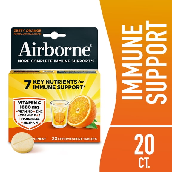 Airborne 1000mg Vitamin C Immune Support Effervescent Tablets, Multivitamin Supplement, Zesty Orange Flavor, 20 ct