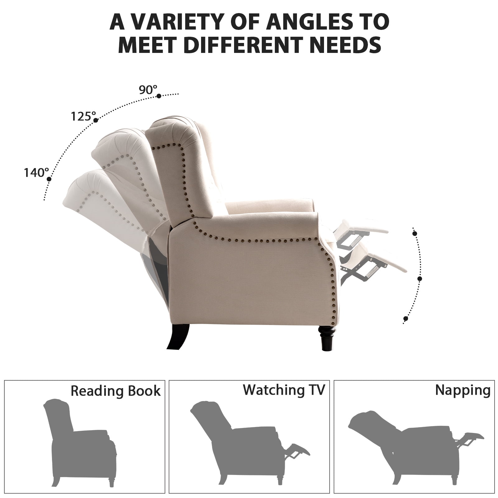 Bonzy Home Pushback Recliner Fabric Reclining Chair Sofa for Living Room, Cream
