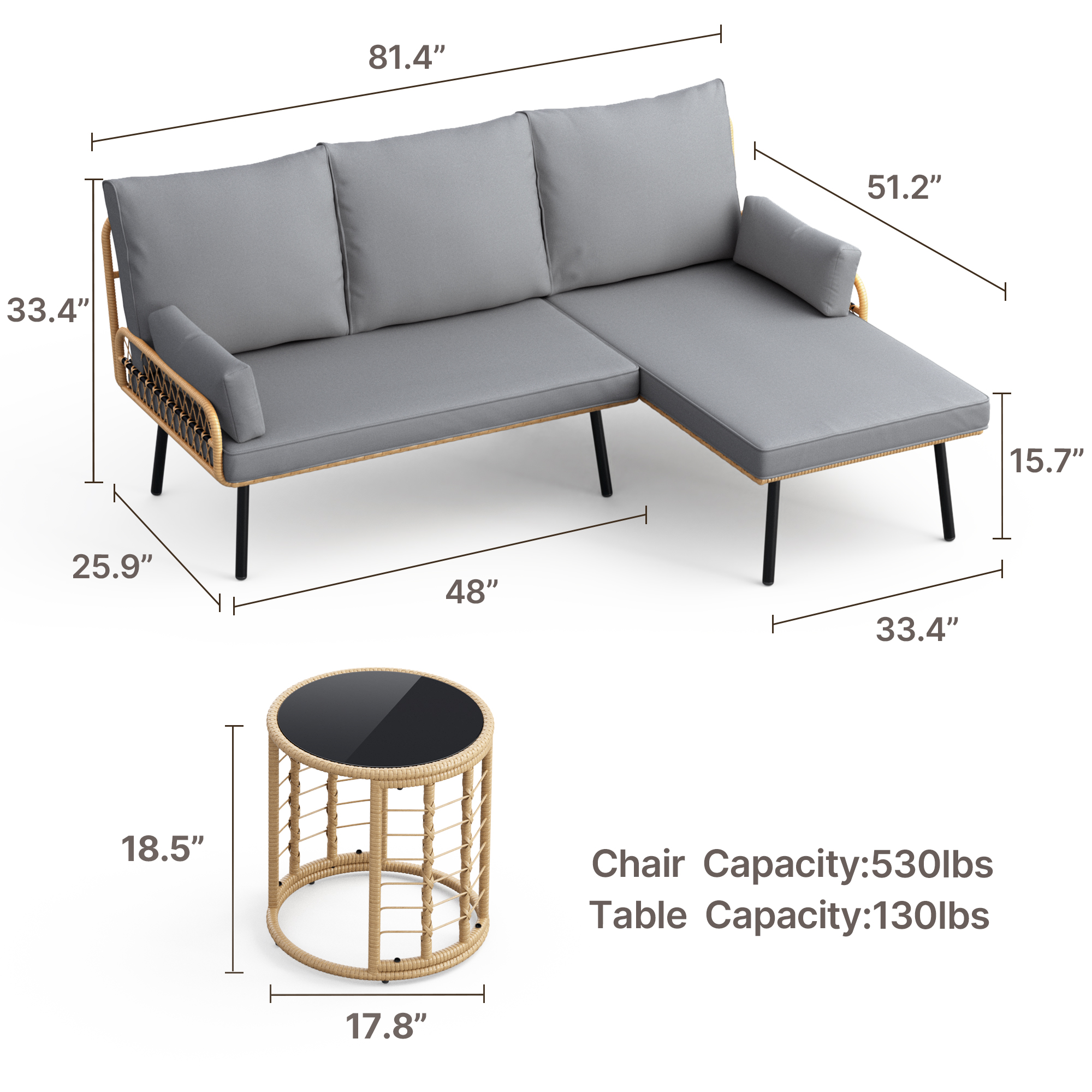 3-Piece Outdoor L-Shaped PE Wicker Conversation Set, All-Weather Waterproof Patio Furniture with Thick Cushions & Tempered Glass Coffee Table- Grey