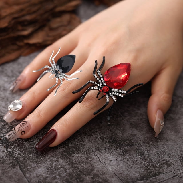 Fiudx Anillo de Araña, Joyería de Halloween de Estilo Oscuro, Diseño de Aleación Único, Temperamento Misterioso y Fresco, Perfecto para Fiesta de Halloween, Incrustaciones de Piedras Preciosas Artifi