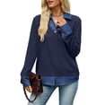 thumbnail image 4 of Wevis Women's Patch Denim Collar Knit Sweater Button Down Long Sleeve Autumn Blouse Casual Layered Look Fall Pullover Tops, 4 of 7