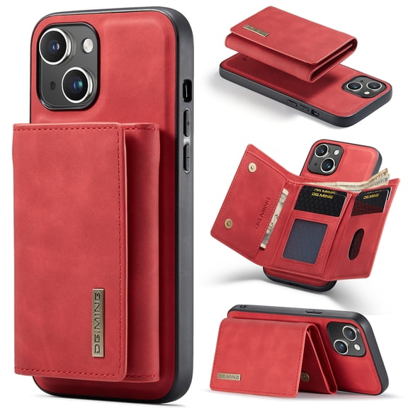 Allytech 2 in 1 Detachable Wallet Case for iPhone 15 Plus with Cash Pocket & Cash Slots, [Magnetic Clasp] [Kickstand] Retro PU Leather Soft TPU Shockproof Anti-Scratch Slim Case - Red