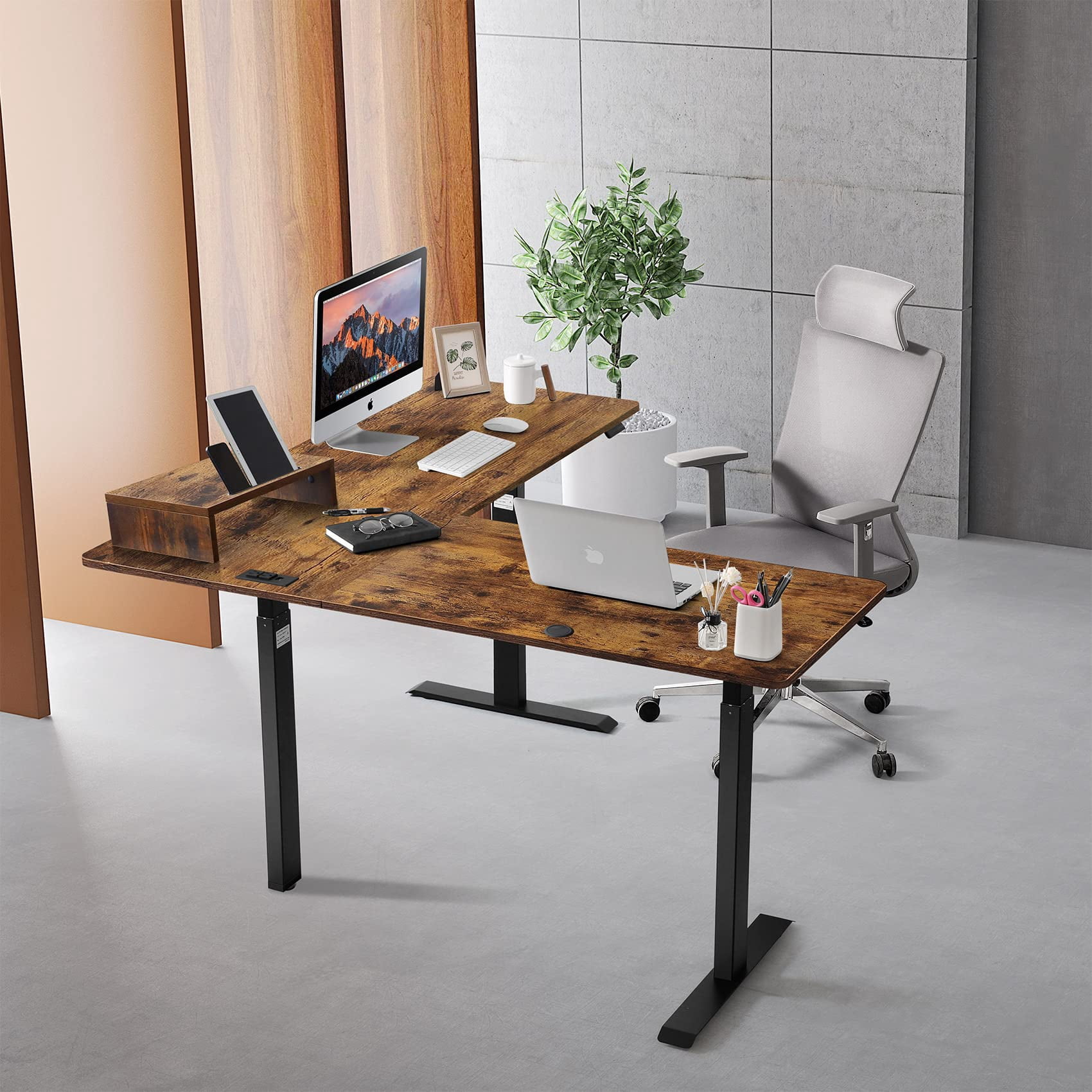 UNICOO® L-Shaped Triple Motor Electric Height Adjustable Standing Desk for Gaming & Home Office, Easy Touch Control & Solid Steel Construction (Rustic Brown Top/Black Frame-XOT-L3E-RB)