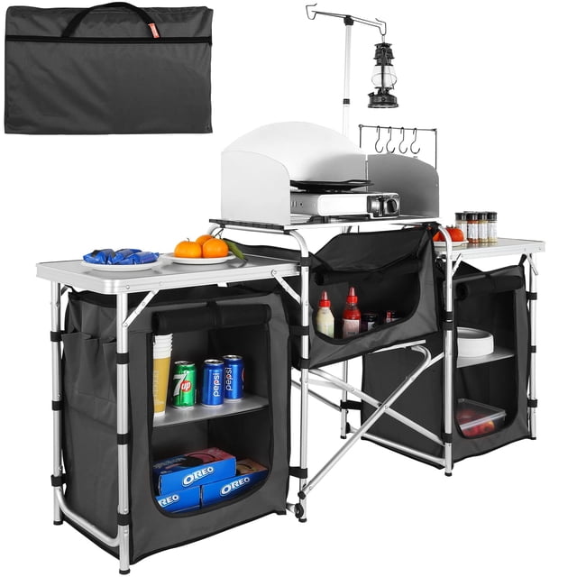 VEVOR Mesa de cocina para acampar, mesa de cocina plegable para exteriores con bolsa de transporte de almacenamiento, estación de cocina de aluminio con 3 armarios y parabrisas desmontable, configurac